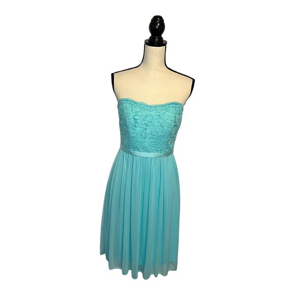 David's Bridal F18094 Blue Spa Short Scalloped Strapless Lace Mesh Dress Sz 6 - Picture 2 of 7